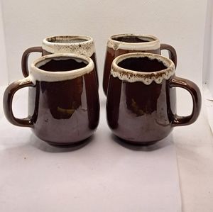 Vintage Set of 4 Stoneware Mugs Brown Drip Glaze Modern Mid Century.
